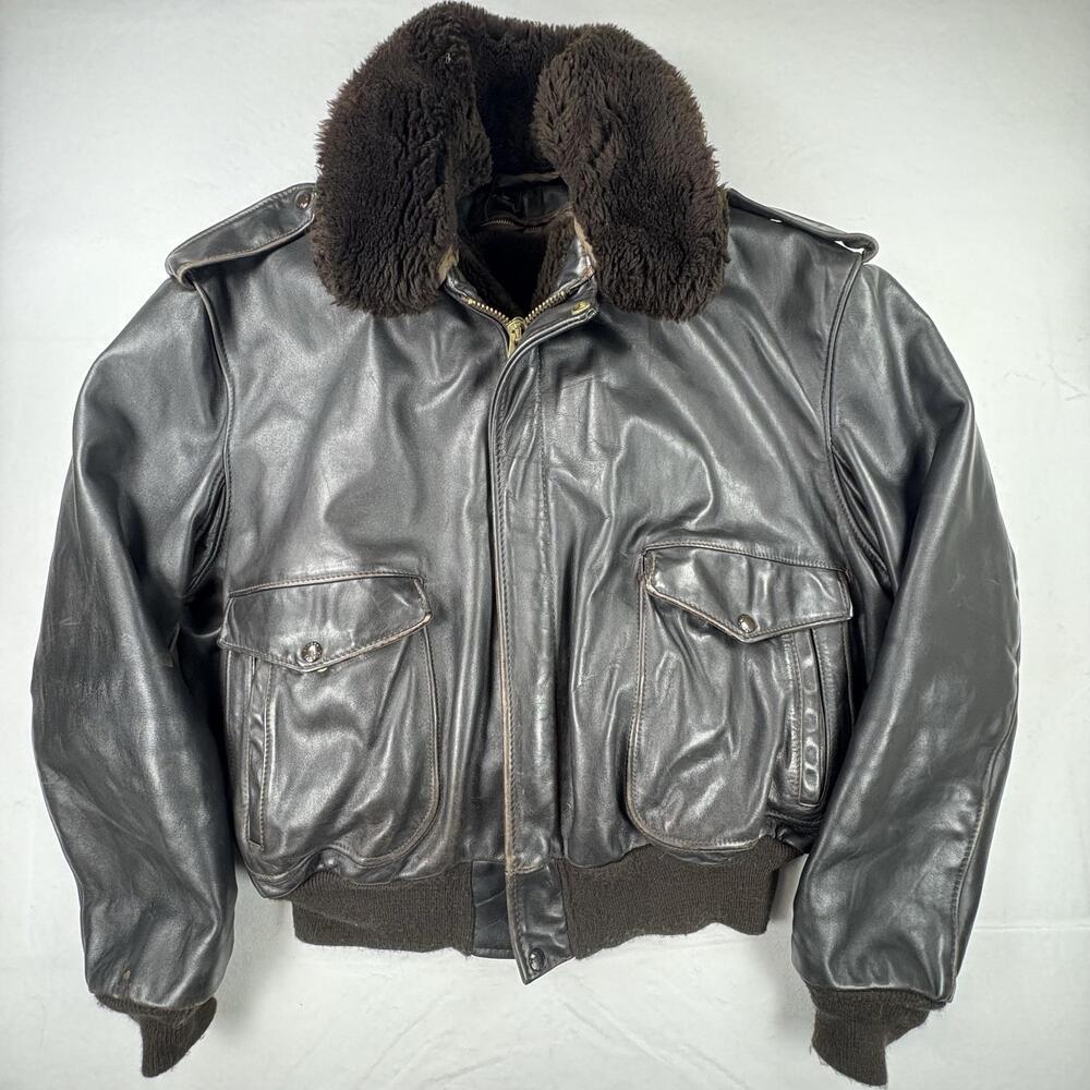 Vintage Schott NYC Leather Flight Bomber Jacket USA Removable Liner Collar 50